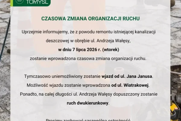 Czasowa zmiana organizacji ruchu na ul. Andrzeja Wałęsy w Nowym Tomyślu