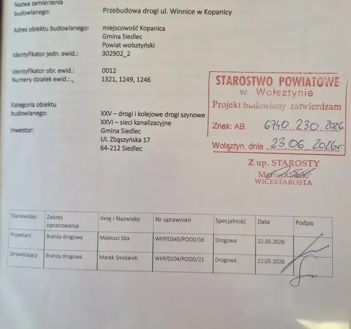 Pozwolenie na budowę dla przebudowy ul. Winnice w Kopanicy wydane