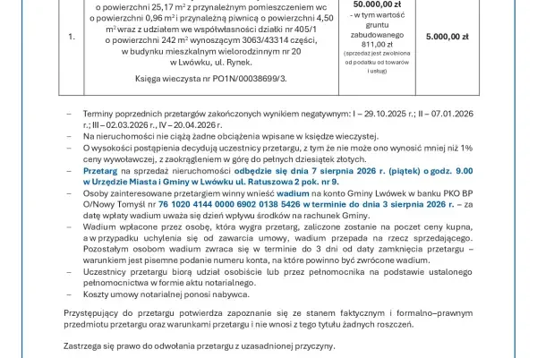 Piąty przetarg na mieszkanie w Rynku w Lwówku – 7 sierpnia 2026