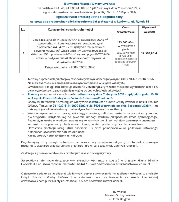 Trzeci przetarg na mieszkanie przy Rynku 34 w Lwówku