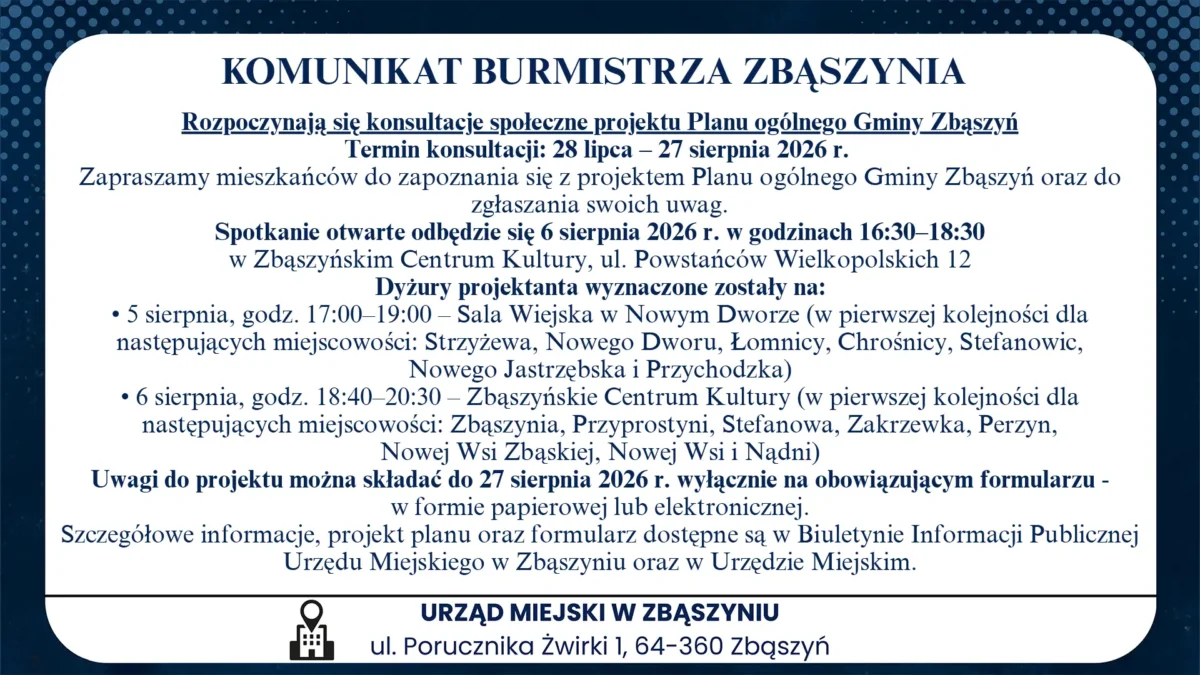 Konsultacje społeczne Planu ogólnego Gminy Zbąszyń – start 28 lipca