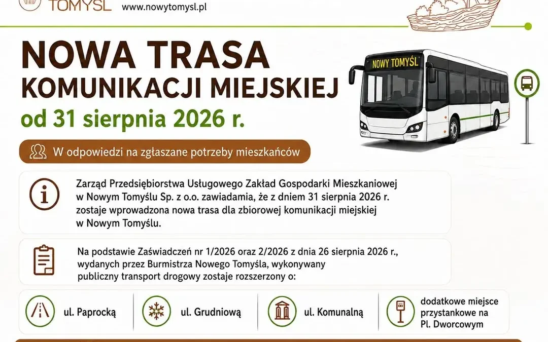 Nowa trasa komunikacji miejskiej w Nowym Tomyślu od 31 sierpnia