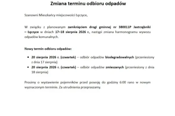 Zmiana terminu odbioru odpadów w Łęczycach