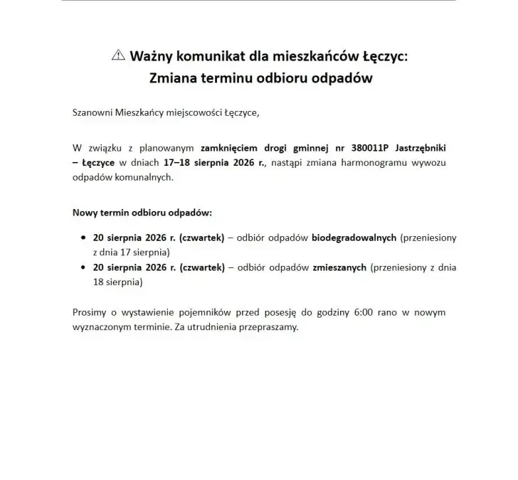 Zmiana terminu odbioru odpadów w Łęczycach