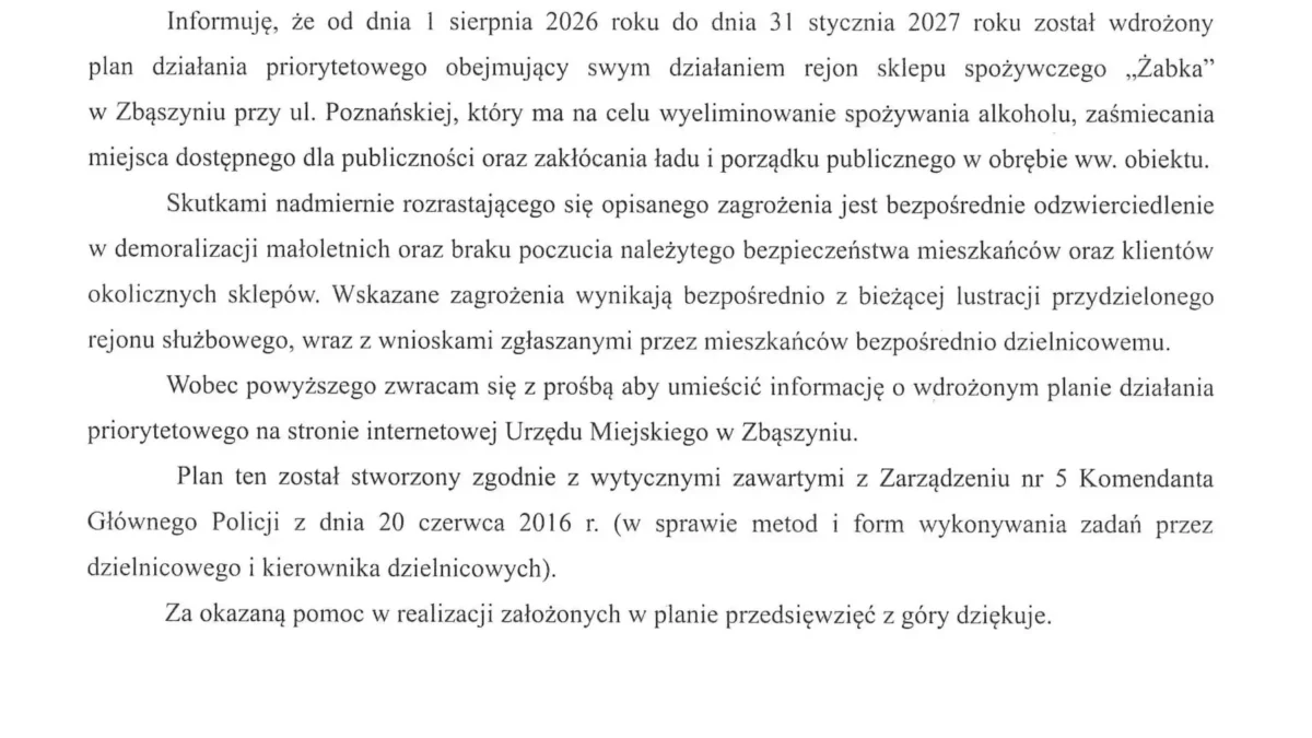 Policja w Zbąszyniu wprowadza plan priorytetowy dla rejonu sklepu Żabka