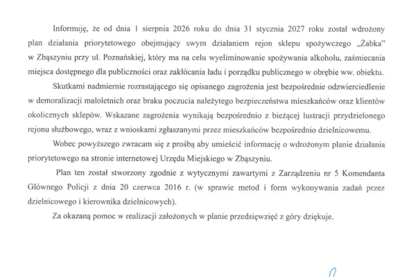 Policja w Zbąszyniu wprowadza plan priorytetowy dla rejonu sklepu Żabka