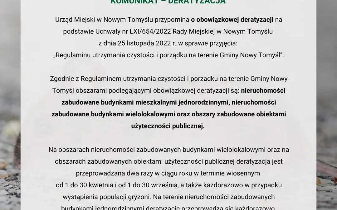 Obowiązkowa deratyzacja w Nowym Tomyślu – terminy i zasady