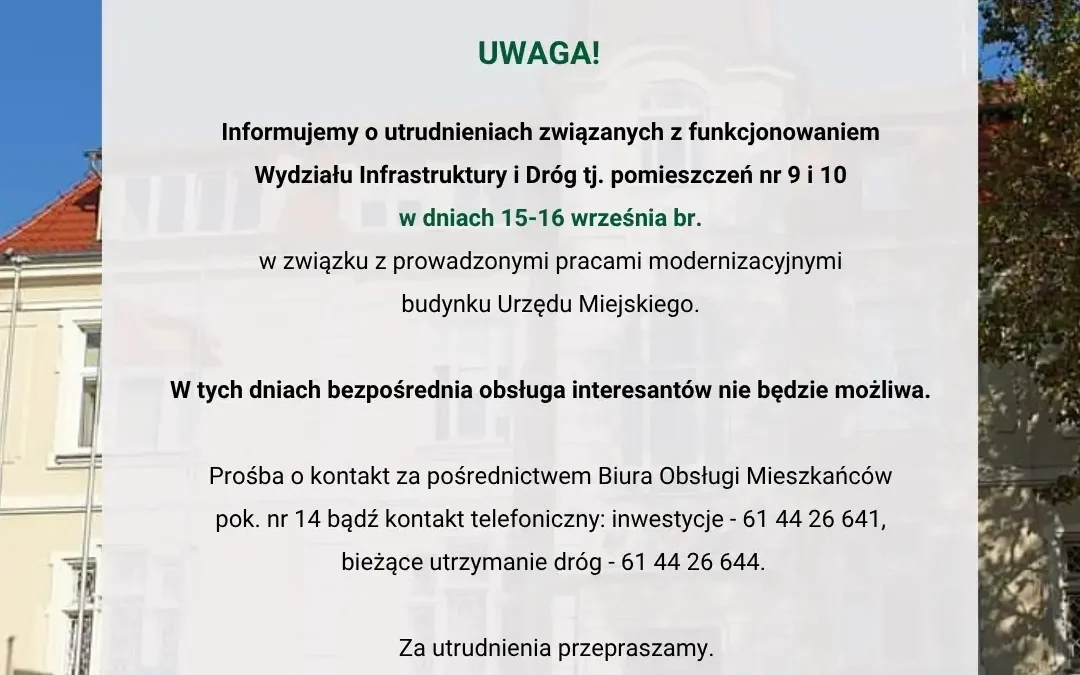 Utrudnienia w Wydziale Infrastruktury i Dróg Urzędu Miejskiego w Nowym Tomyślu – 15 i 16 września
