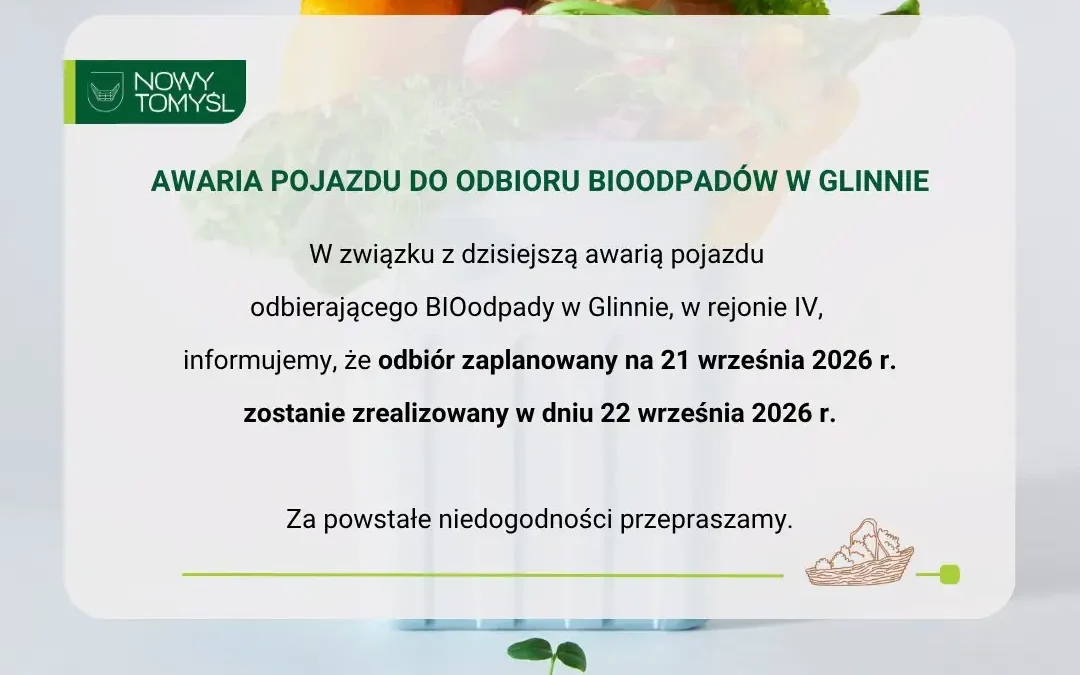 Awaria śmieciarki w Glinnie. Odbiór bioodpadów przełożony na 22 września