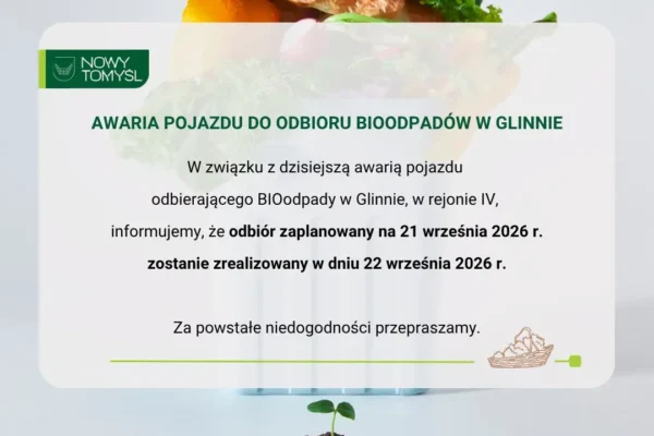 Awaria śmieciarki w Glinnie. Odbiór bioodpadów przełożony na 22 września