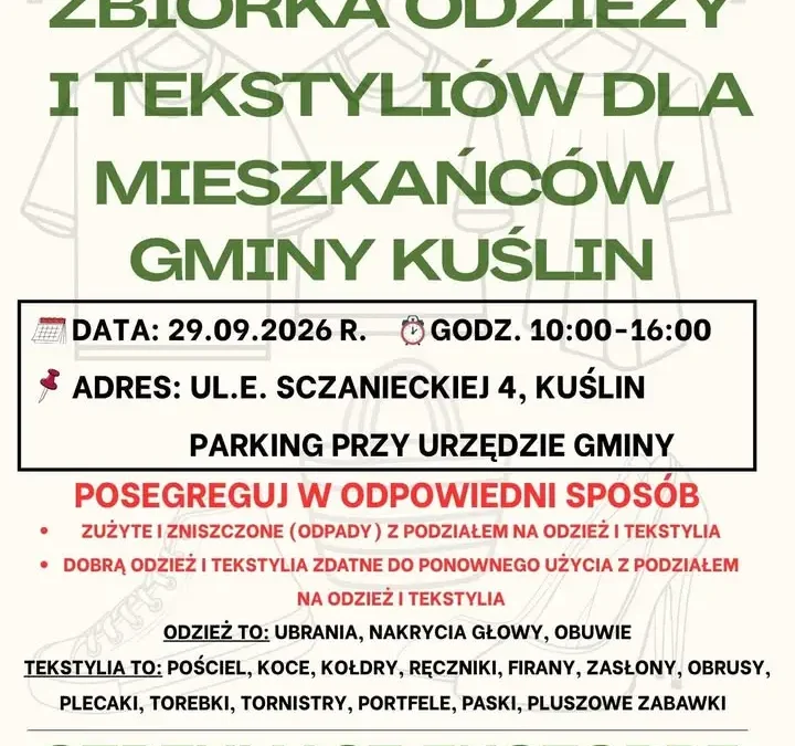 Kuślin: w środę zbiórka odzieży i tekstyliów. Mieszkańcy mogą liczyć na ekotorbę