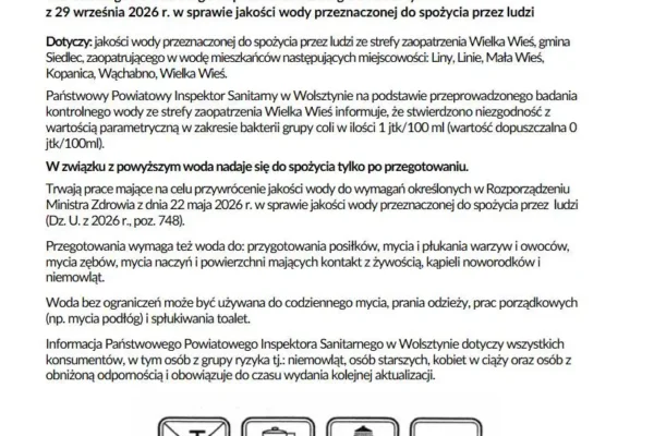Woda w gminie Siedlec niezdatna do picia bez przegotowania – komunikat sanepidu