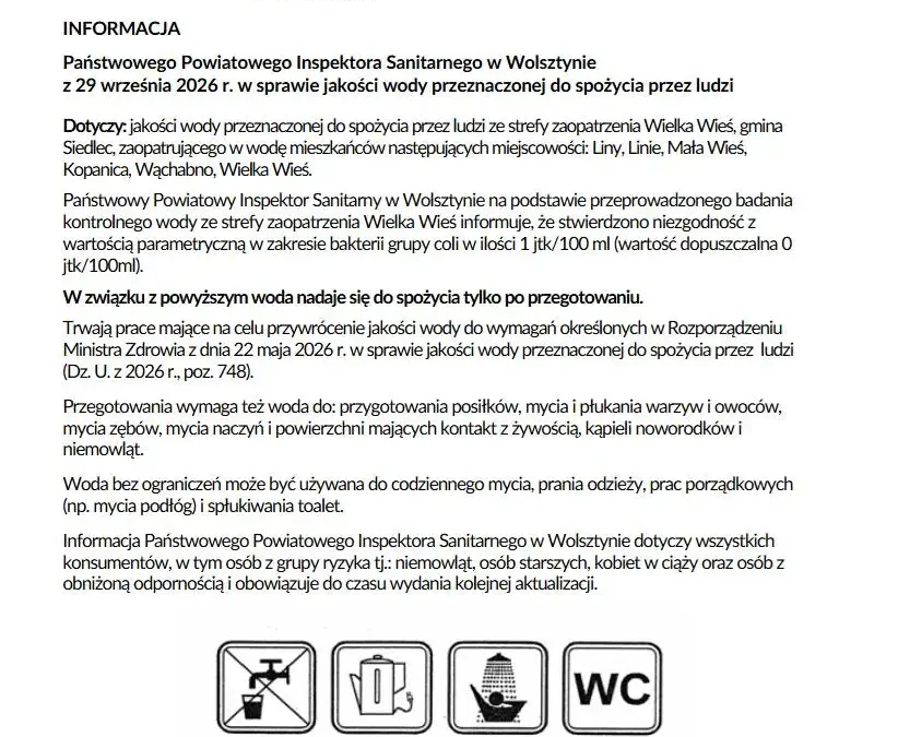 Woda w gminie Siedlec niezdatna do picia bez przegotowania – komunikat sanepidu