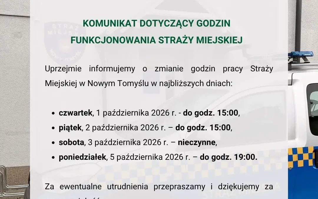 Zmiana godzin pracy Straży Miejskiej w Nowym Tomyślu – sprawdź, kiedy załatwisz sprawę