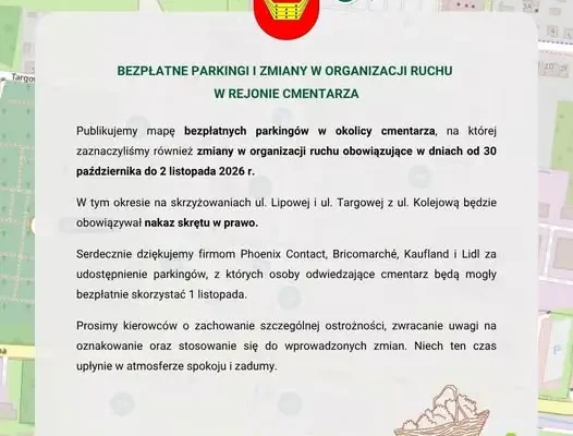Nowy Tomyśl: bezpłatne parkingi i zmiany w ruchu przy cmentarzu na Wszystkich Świętych
