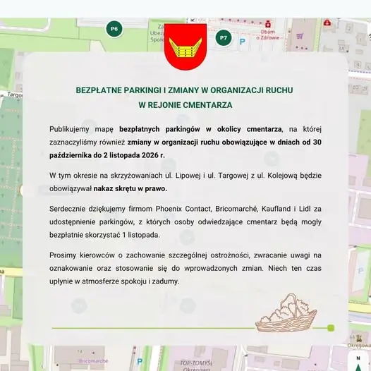 Nowy Tomyśl: bezpłatne parkingi i zmiany w ruchu przy cmentarzu na Wszystkich Świętych