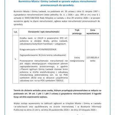 Lwówek sprzedaje działkę z budynkiem handlowo-usługowym w Brodach