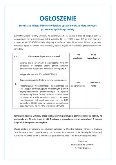 Lwówek sprzedaje działkę z budynkiem handlowo-usługowym w Brodach
