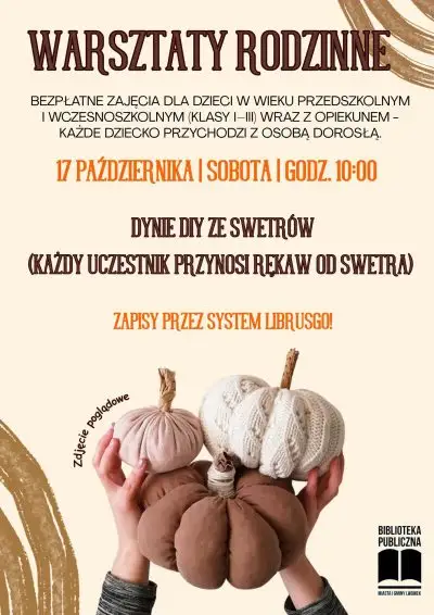 Rodzinne warsztaty „Dynie DIY ze swetrów” w bibliotece w Lwówku